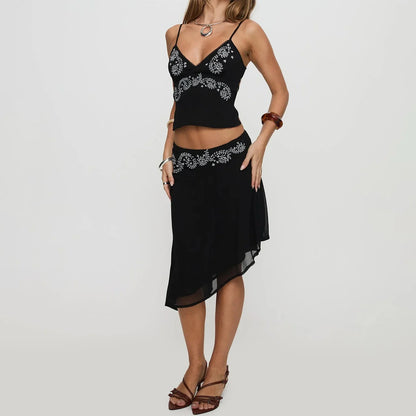 Floral V Neck Cami Midi Skirt Two Piece Set