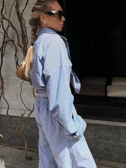 Fashion Contrast Color Shirt Pants Suit 2-piece Women's Summer Striped Casual Patchwork Women's Suit 2-piece Pants Suit