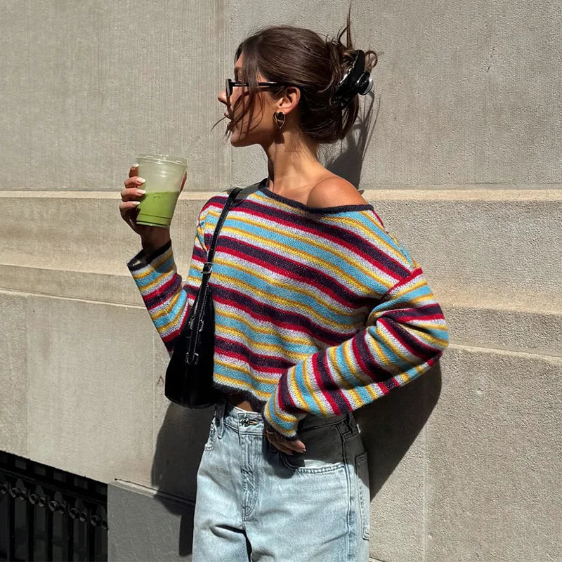 Striped Off Shoulder Pullovers Women Fashion Long Sleeves Contrast Color Tops 2025 Autumn Casual Party Lady New Streetwear
