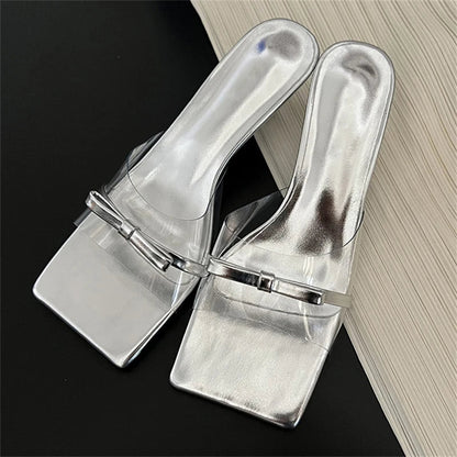 Butterfly-knot Slipper Women PVC Transparent Square toe Low Thin Heels for Summer Fashion