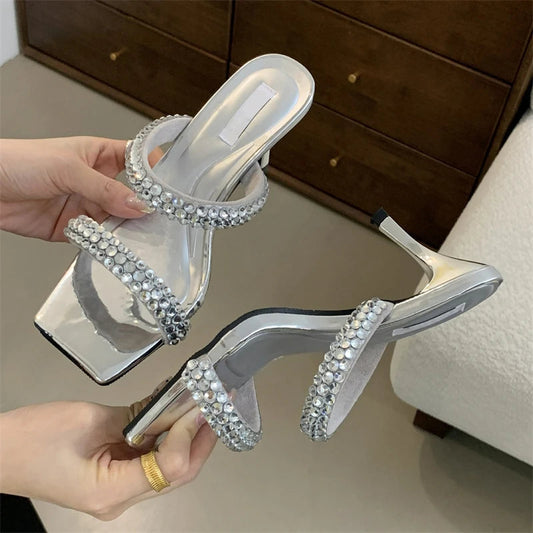 CRYSTAL Hollow Out Women Slippers with Square Toe and Thin Low Heels