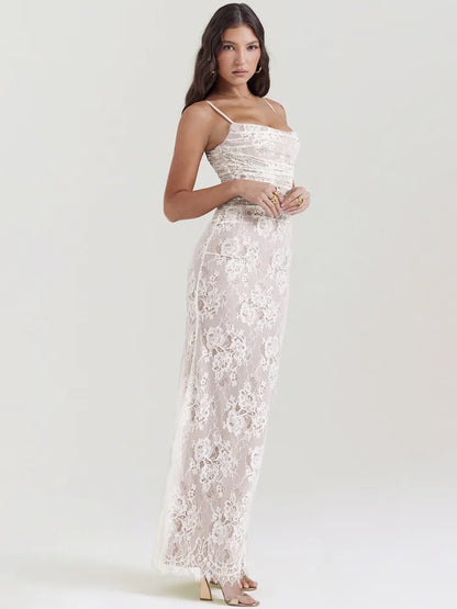 Lace Print Spaghetti Club Maxi Bodycon Dress