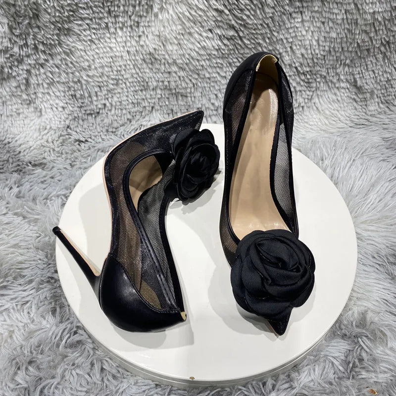 Black Stiletto Pumps with Big Rose Flowers