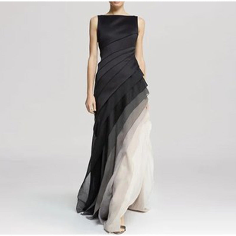 Boat Neck Asymmetric Diagonal Tiered Ombré Column Maxi Gown