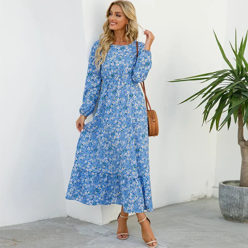 Ditsy Floral Crew Neck Lantern Sleeve Smocked Waist Ruffle Hem Maxi Dress