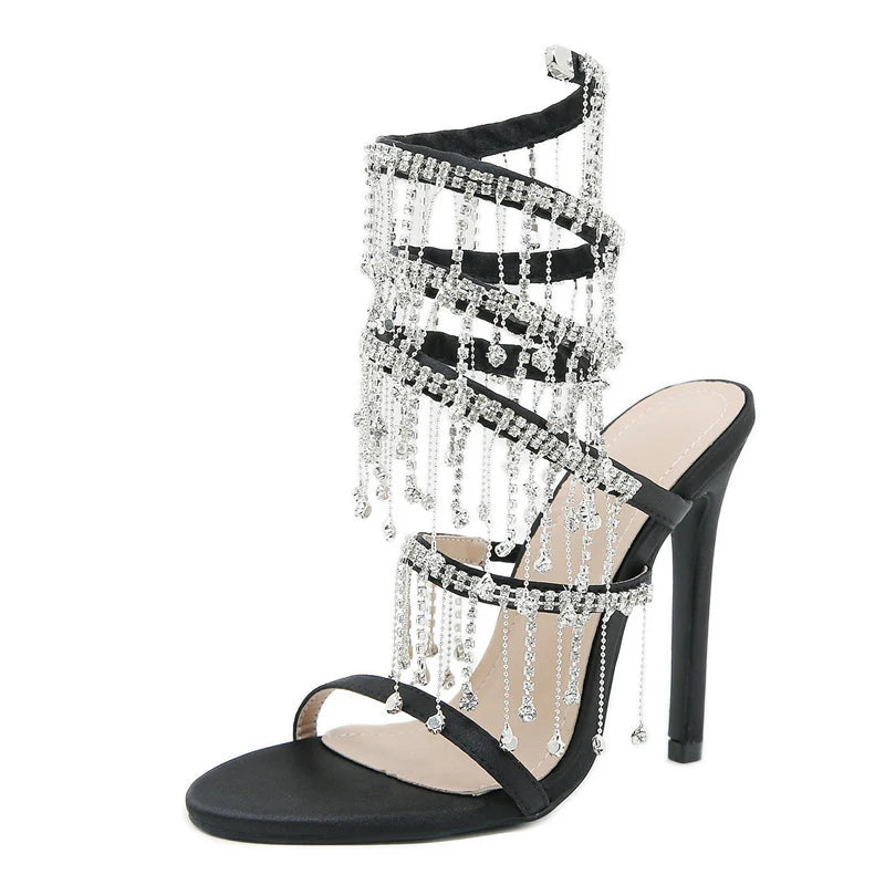 Glitter Crystal Tassel Snake Coiled Sandals for Women