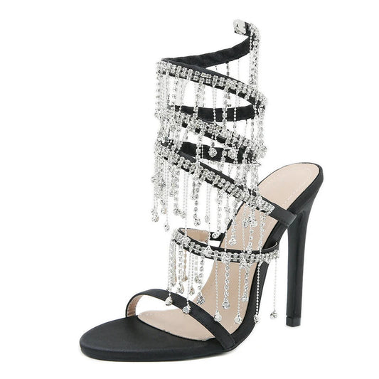 Glitter Crystal Tassel Snake Coiled Sandals for Women