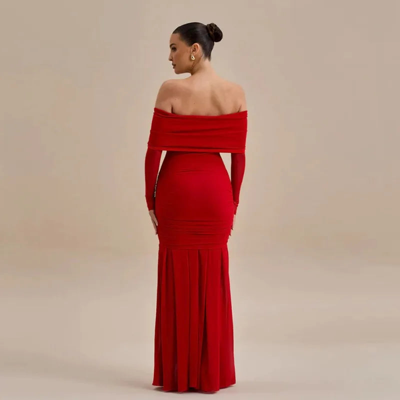 3D Flower-appliqué Mesh Long Sleeve Fishtail Maxi Dress