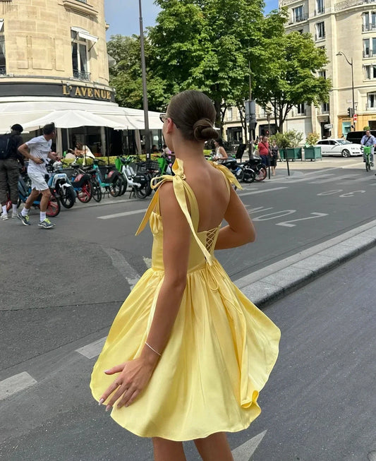 Tie Shoulder Lace Up Back Pleated Skater Mini Dress