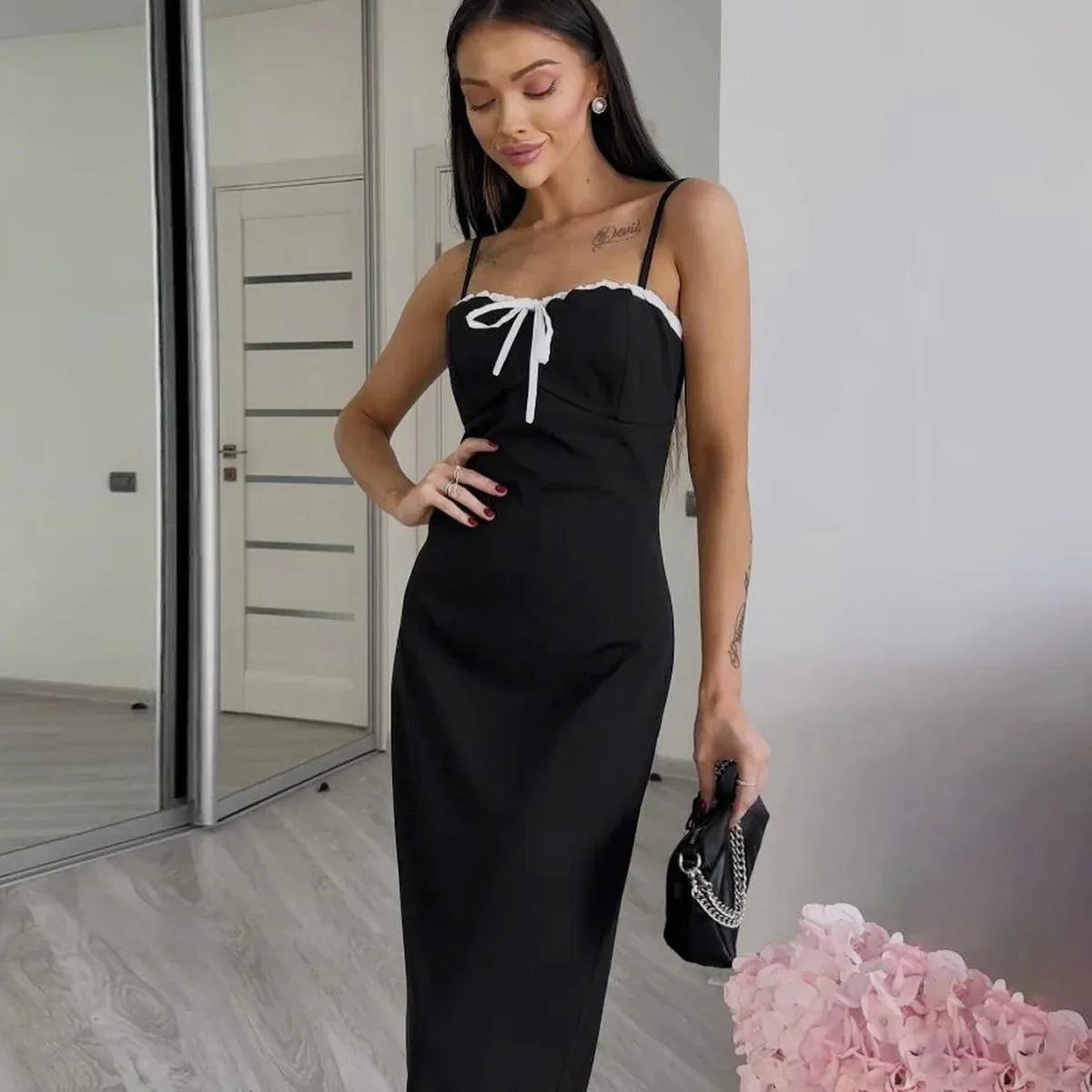 Open Back Lace Patchwork Black Maxi Dress