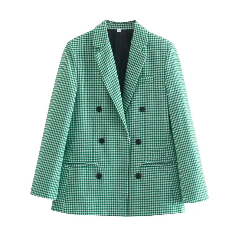British Style Retro Plaid Blazer Suit Women Simple Mid Length Double Breasted Casual Office Blazers Lady Work Commute Suit