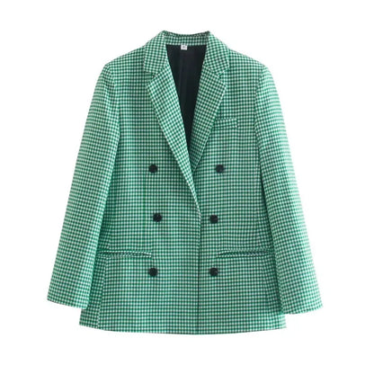 British Style Retro Plaid Blazer Suit Women Simple Mid Length Double Breasted Casual Office Blazers Lady Work Commute Suit