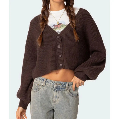 Crop Button V-neck Lantern Sleeve Cardigan