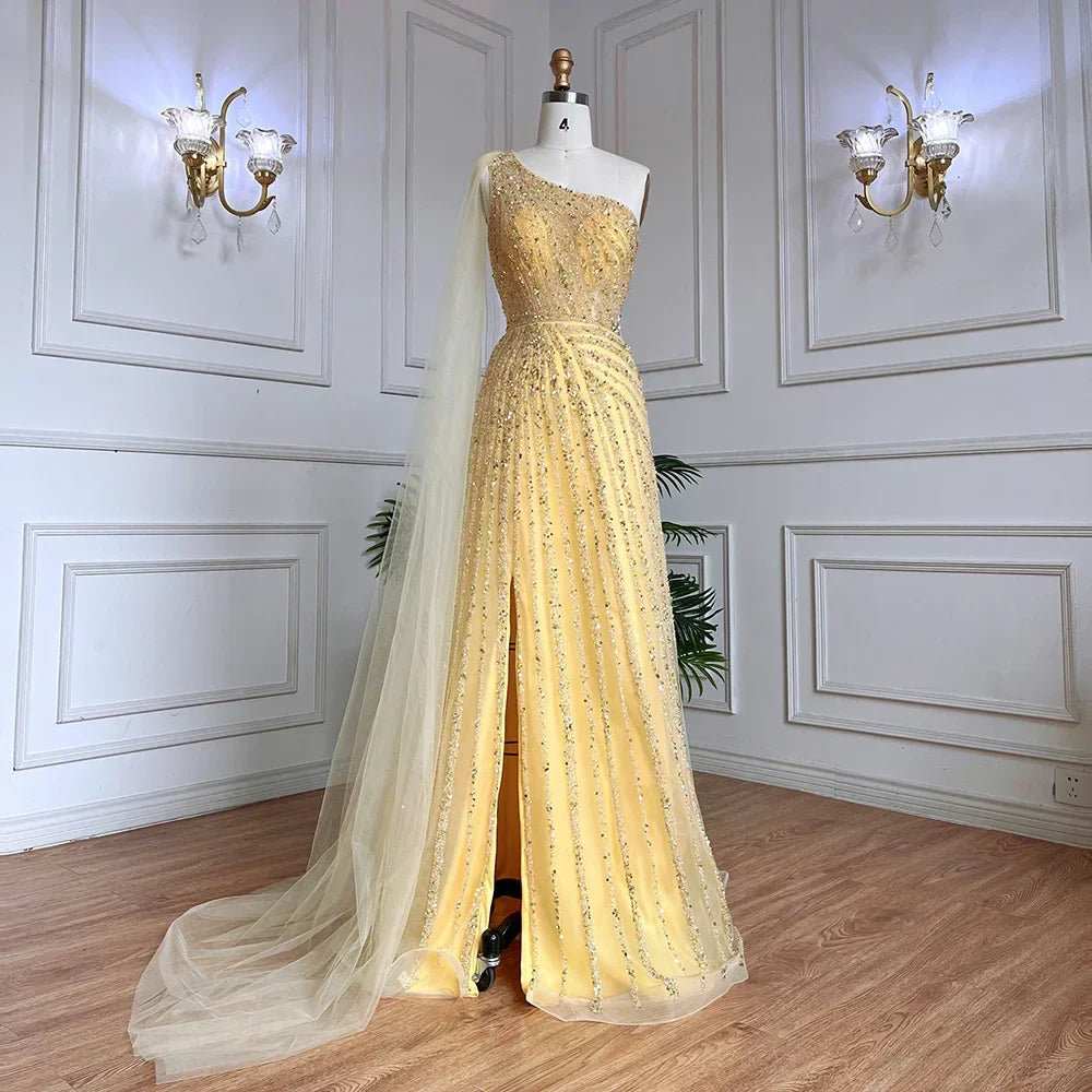 One-Shoulder Cape Sleeve Beaded Evening Dresses