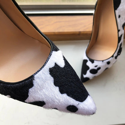 Cow Print Women White Hairy Flock Pointy Toe High Heel Shoes - Cow Print High Heel Shoes