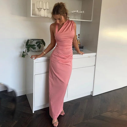 Slanted Collar Halter Ruched Maxi Dress
