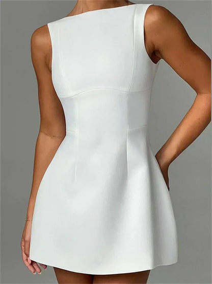 Boat Neck Princess Seam Structured Fit and Flare Mini Dress
