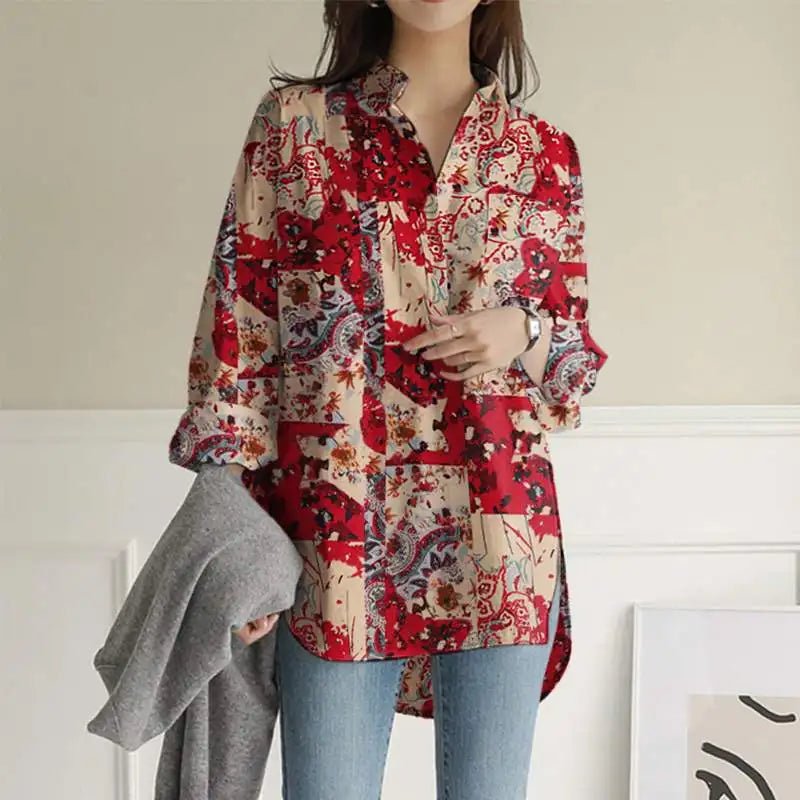 Women's Colorful Print Button-Up Shirt – Loose Fit Long Casual Top