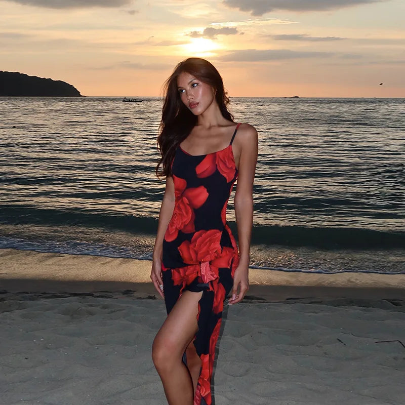 Ruffled Floral High Slit Vacation Dress