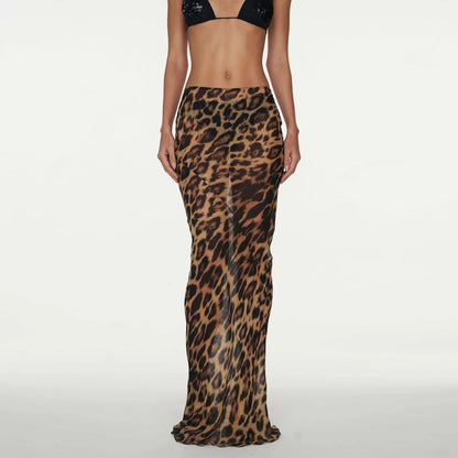 Leopard Bodycon Sheer Maxi Skirt