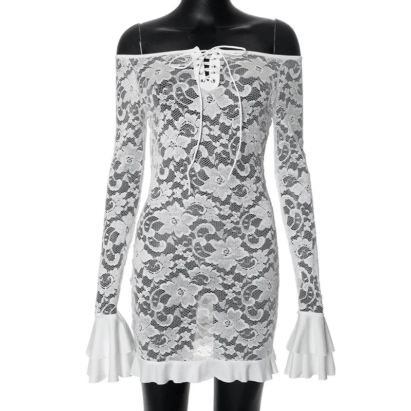 Lace Trim Slash Neck Sheer Long Sleeve Tiered Maxi Dress