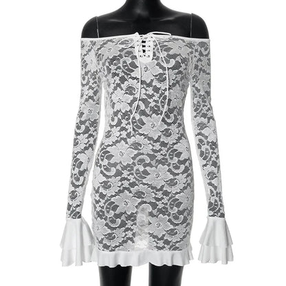 Lace Trim Slash Neck Sheer Long Sleeve Tiered Maxi Dress