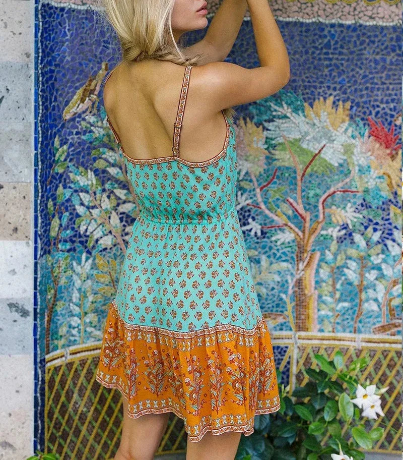 Sleeveless Strap Mini Rayon Floral Boho Dress