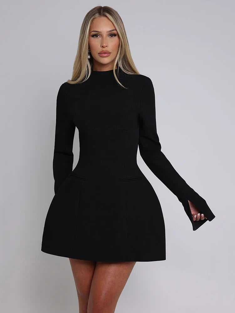 | White High Neck Long Sleeve Mini Dress
