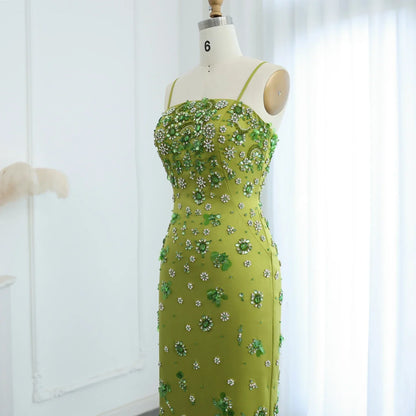 Floral Beaded Midi Dress Spaghetti Straps