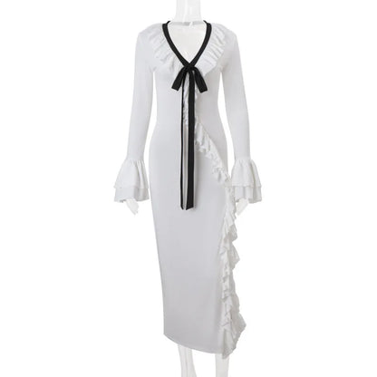 Long Sleeved Ruffled Slit Maxi Dress for Women
