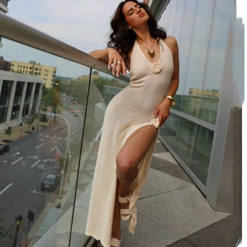 Ruffled Lace Up Knitted Maxi Dress