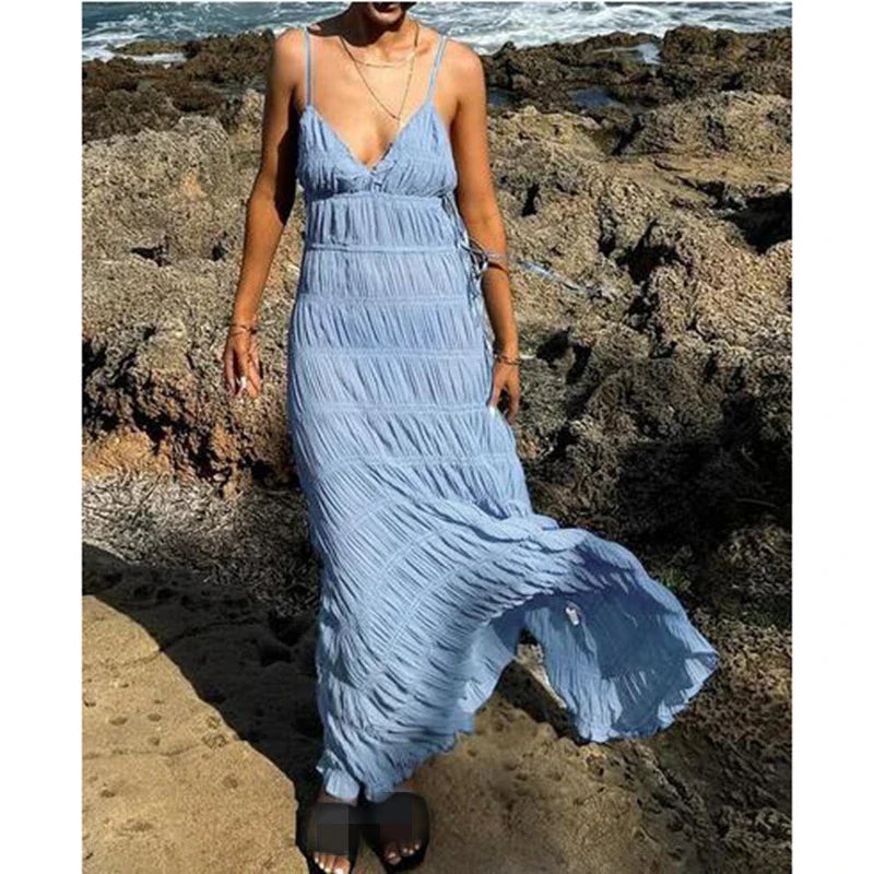 Deep V Textured Cami Slip Vacation Dress