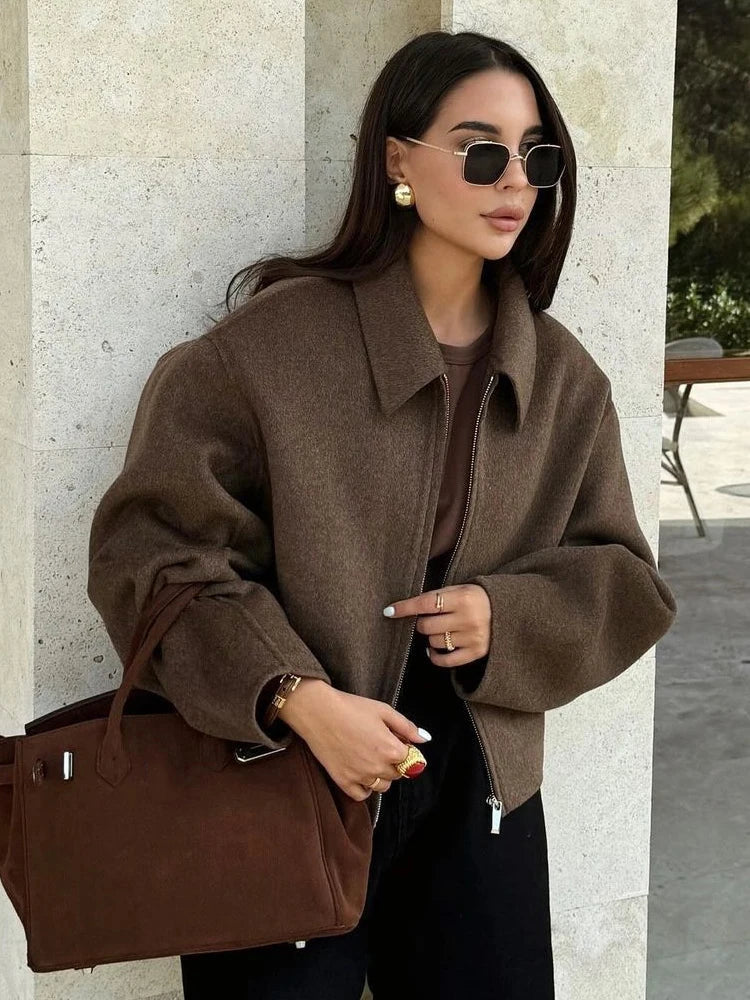 Brown Woolen Zipper Short Coat