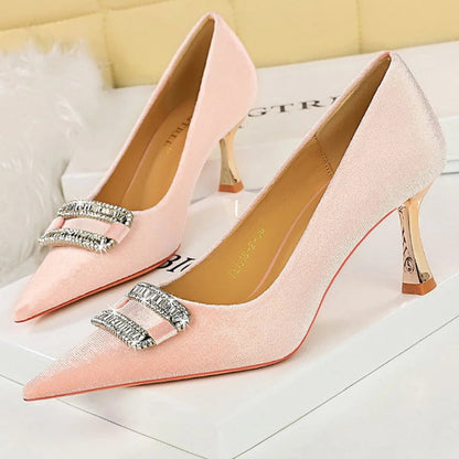 Metal Rhinestone Kitten Heels Women Pumps for Fashion Banquets