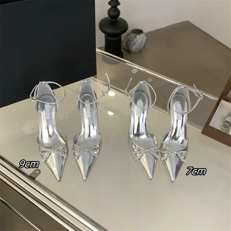 Crystal Butterfly-knot Pointed Toe Buckle Strap Women Pumps Sandals with Thin High Heels