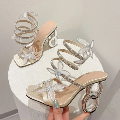 Butterfly Square Style Metal Fretwork Gladiator Sandals for Women with Peep Toe Fashion Heels