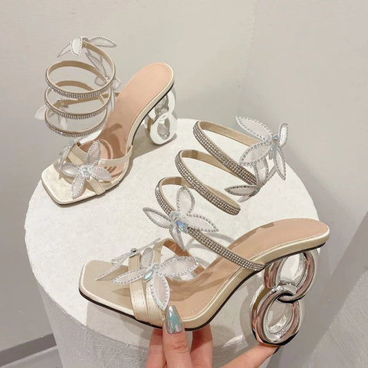 Butterfly Square Style Metal Fretwork Gladiator Sandals for Women with Peep Toe Fashion Heels