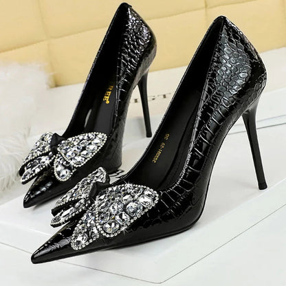 Women's Stiletto Pumps with Bowknot Design and Rhinestone Detail