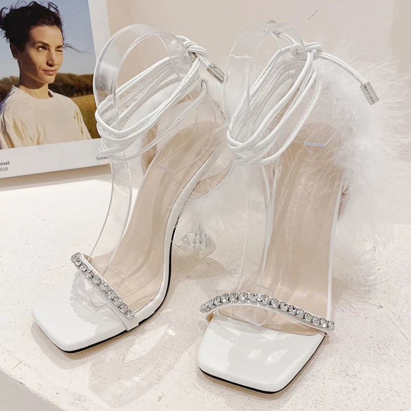 Crystal Womens Sandals with Fuzzy Feather Detail and Transparent High Heels