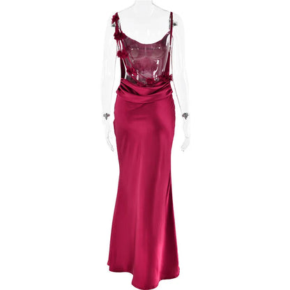 3D Flower Draped Open Back Maxi Dress