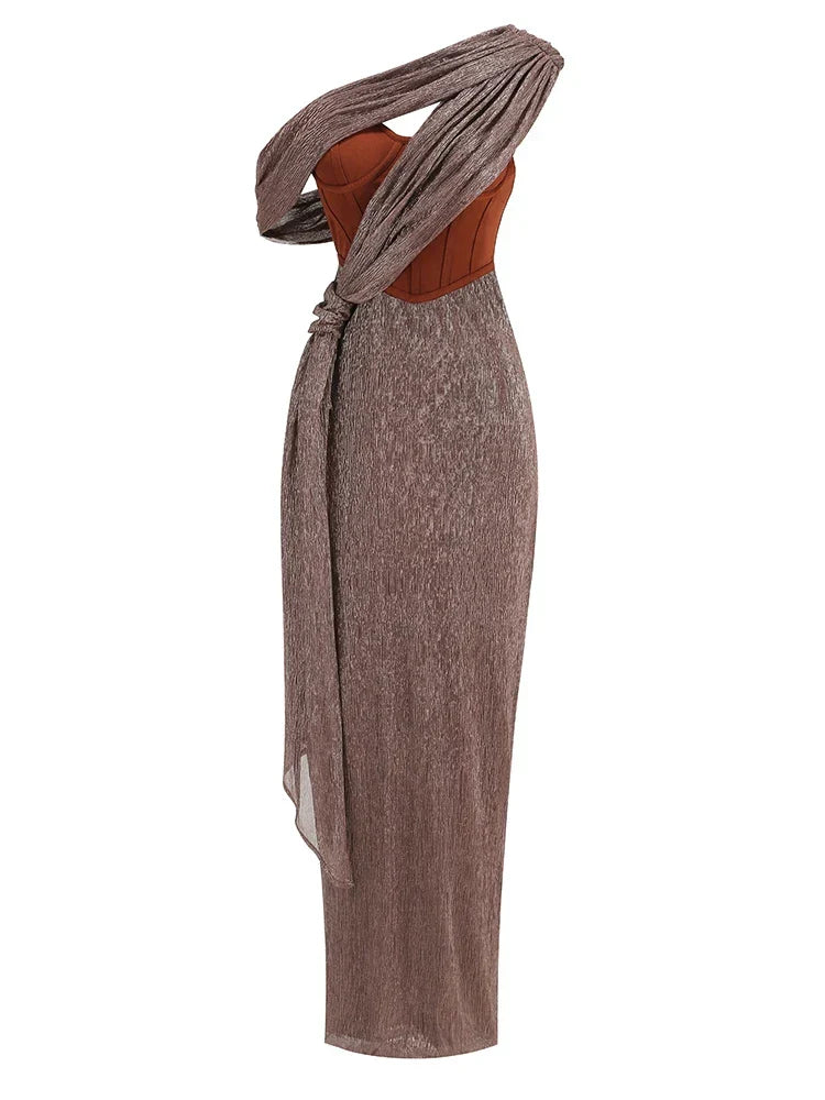 One Shoulder Draped Glitter Brown Maxi Dress