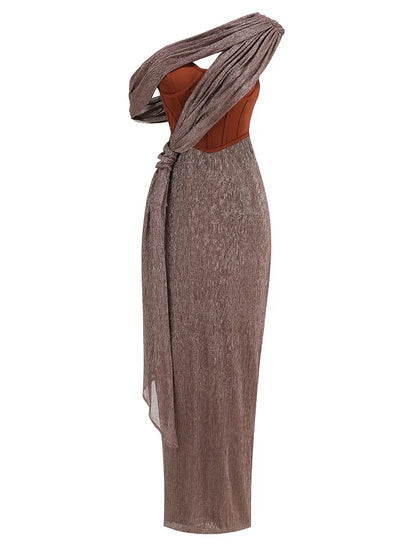 One Shoulder Draped Glitter Brown Maxi Dress