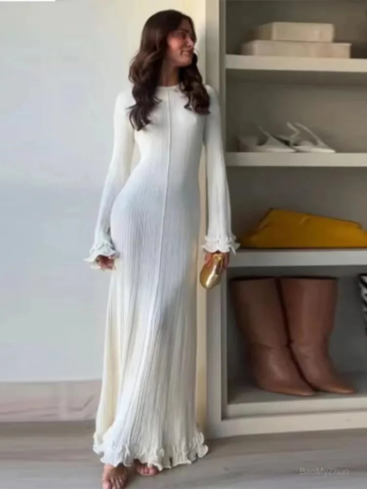Autumn New Ladies Elegant Flared Sleeve Knitted Dress Women Fashion Crew Neck White Slim Robes Summer Female Party Dresses