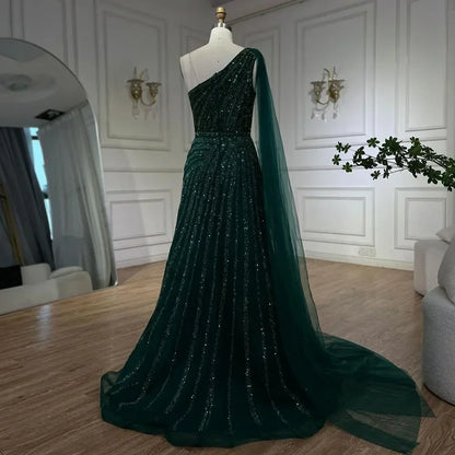 One-Shoulder Cape Sleeve Beaded Evening Dresses