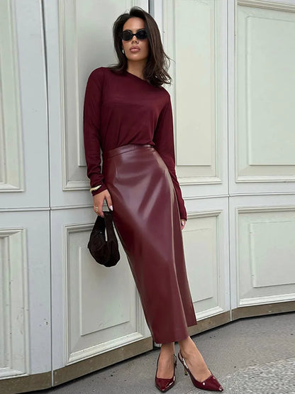 Retro Solid Color Leather Women's Skirt New Fashion Slim Fit Casual Long Skirts Autumn Elegant Vintage Split Skirt for Women