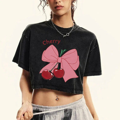 Bow Cherry Cartoon Cotton Slim T-shirt