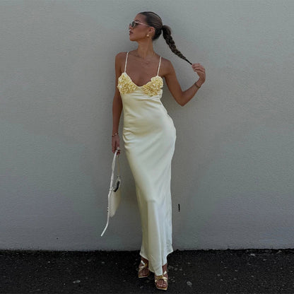 Yellow Floral Satin Slip Maxi Dress