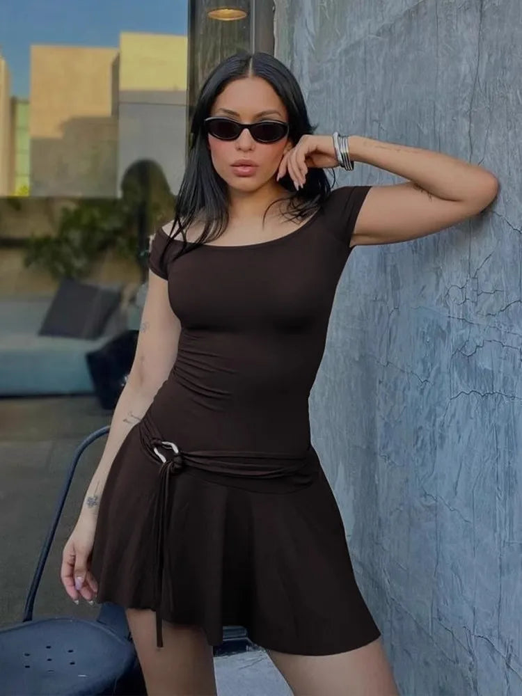 Off Shoulder Ruched Waist Ring Buckle Lace Up Pleated Mini Dress