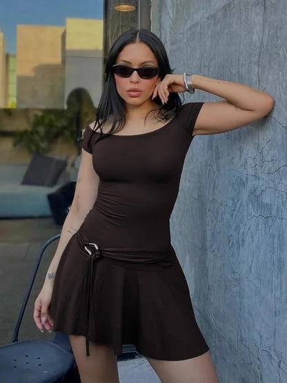 Off Shoulder Ruched Waist Ring Buckle Lace Up Pleated Mini Dress