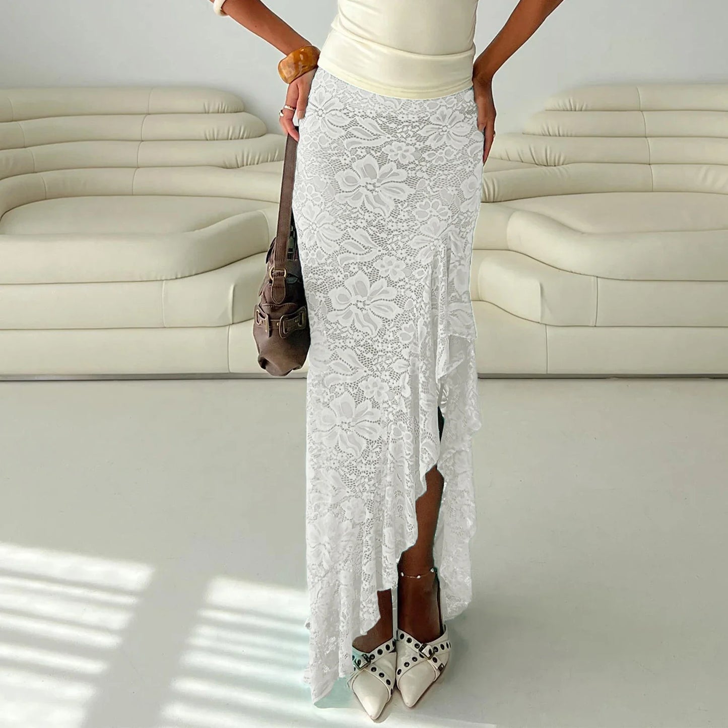 Elegant Sheer Lace High Waist Skirt